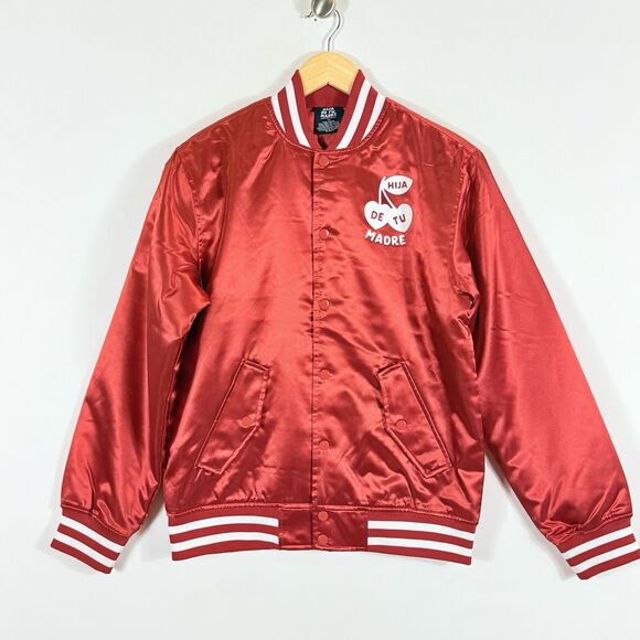 Hija De Tu Madre Red Cherry Logo Satin Bad Bunny Bomber Jacket Women's Small NEW - Picture 1 of 9